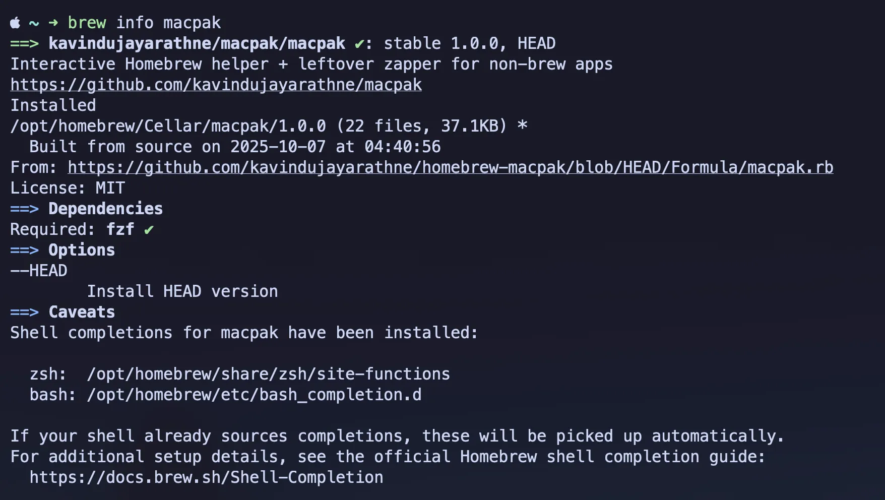 brew info command output