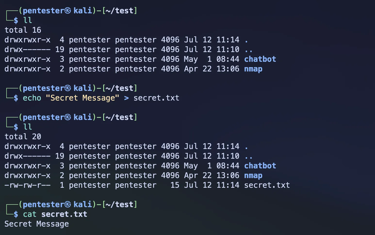 Create the file with the message